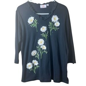 Quacker Factory Black Embroidered Daisy Long Sleeve Ruffle Neck Cotton Medium